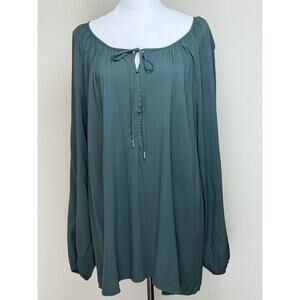 Ellos Women’s Plus Sz 1X 22/24 Blouse Green Long Sleeve Peasant 3/4 Button Tie